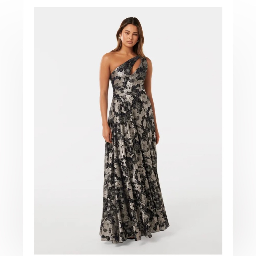 NWT - Forever New Navy and Gunmetal Silver One-Shoulder Dress - Size US 8